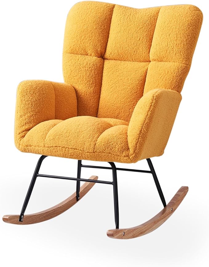Nursery Rocking Chair, Teddy Upholstered Glider Rocker with High Backrest Armchair, Modern Rocking Accent Chairs for Nursery, Living Room, Bedroom, Offices (Yellow)