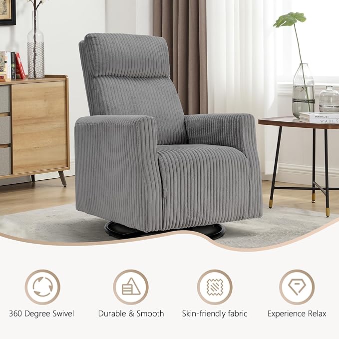 CANMOV Swivel Rocker Chair for Nursery, Swivel Accent Chair with High Back and Arms, Corduroy Glider Chair for Living Room Bedroom Nursery, Grey