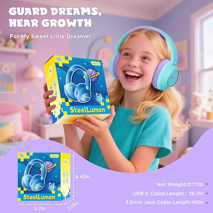 Nova1Pro Active Noise Cancelling Headphones for Kids, 3-Level Safe Volume 75/85/94dB, ANC Safe Wireless Listen, Type C Fast Charging, Bluetooth 5.4 with Mic, boy Girl for School, Travel & Airplane