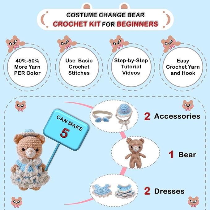 LoopMap Crochet Kit for Beginners, DIY Amigurumi Bear with Removable Dress & Accessories, Step-by-Step Video Tutorials Extra Yarn Crochet Tools, Handmade Gift for Kids & Adults (Bear-Blue)