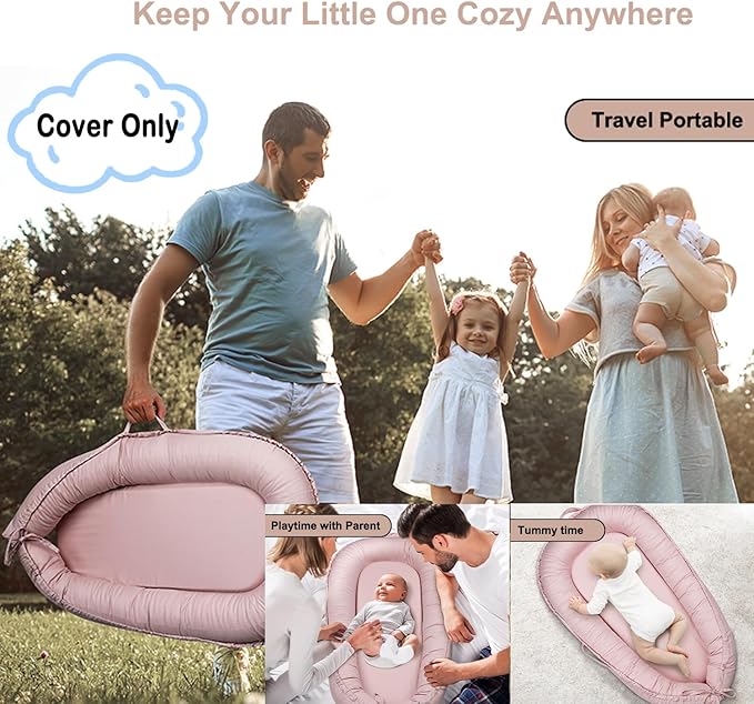 Baby Lounger Cover Only for Newborns, 100% Cotton Soft Portable Baby Nest Lounger Cover, Breathable Infant Lounger Replacement Cover, Lounger Pillow Cover Fit for Snuggle Me, Cover Only(Pink)