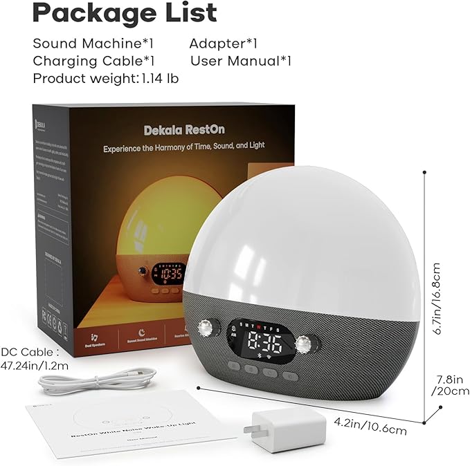 Dekala Smart Sunrise Alarm Clock with Wireless Charging for iPhone 14 13 12 Apple Watch AirPods Samsung, White Noise Sleep Sounds Machine, Nursery Night Light for Heavy Sleeper