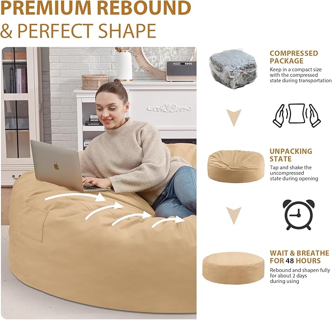7FT Bean Bag Chair, Large Bean Bag Chairs with Memory Foam Filled, Fluffy Beanbag Sofa with Dutch Velvet Cover, Round BeanBag Chairs for Living Room, Playroom - Khaki