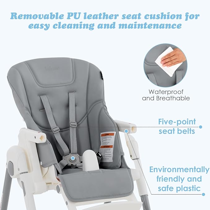 INFANS High Chair for Babies & Toddlers, Foldable Highchair with Multiple Adjustable Backrest Footrest Seat Height, Removable Tray, Detachable PU Leather Cushion, Built-in Rear Wheels (Light Grey)