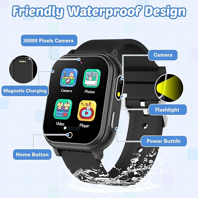 Waterproof Smart Watch for Kids with 32 Games Dual Camera Video Habit Tracking Music Player Pedometer Screen Protectors Lanyard, HD Touchscreen Kids Smart Watch Toy Birthday Gift for 3-12 Year Old