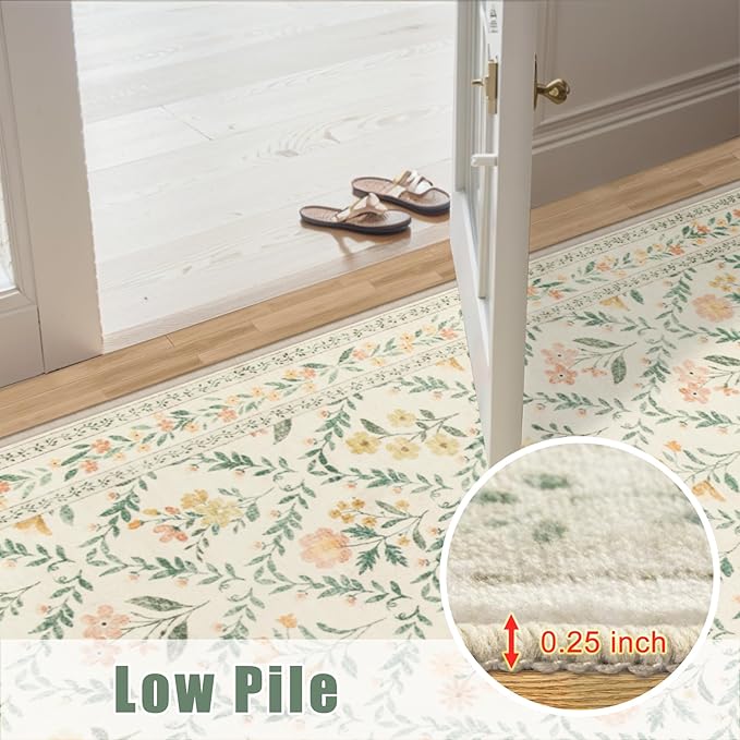 Runner Rug for Entryway: 2x10 Kitchen Rugs Non Slip Washable Ultra-Thin Soft Floral Carpet Indoor Floor Stain Resistant Carpets for Hallway Bedroom Kitchen Laundry Bathroom Dorm Beige/Multi