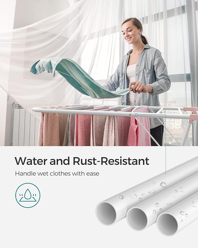 SONGMICS Clothes Drying Rack, with Sock Clips, Metal Laundry Rack, Foldable, Space-Saving, Free-Standing Airer, with 2 Height-Adjustable Gullwings, Indoor Outdoor Use, White and Pink ULLR052P01