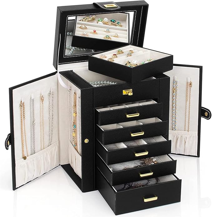 AKOZLIN Jewelry Box Organizer Functional Leather Jewelry Storage Case for Women Girls Ring Necklace Earring Bracelet Holder Organizer with Mirror Black