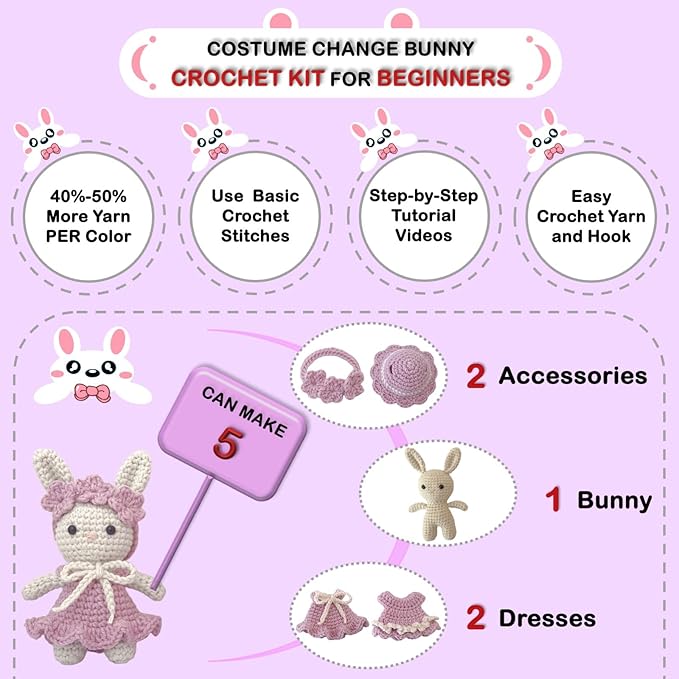 LoopMap Beginner Crochet Kit for Adults & Kids - DIY Amigurumi Bunny with Removable Dress & Accessories - Step-by-Step Video Tutorials, Extra Yarn, Crochet Tools - Handmade Gift (Bunny-Purple)