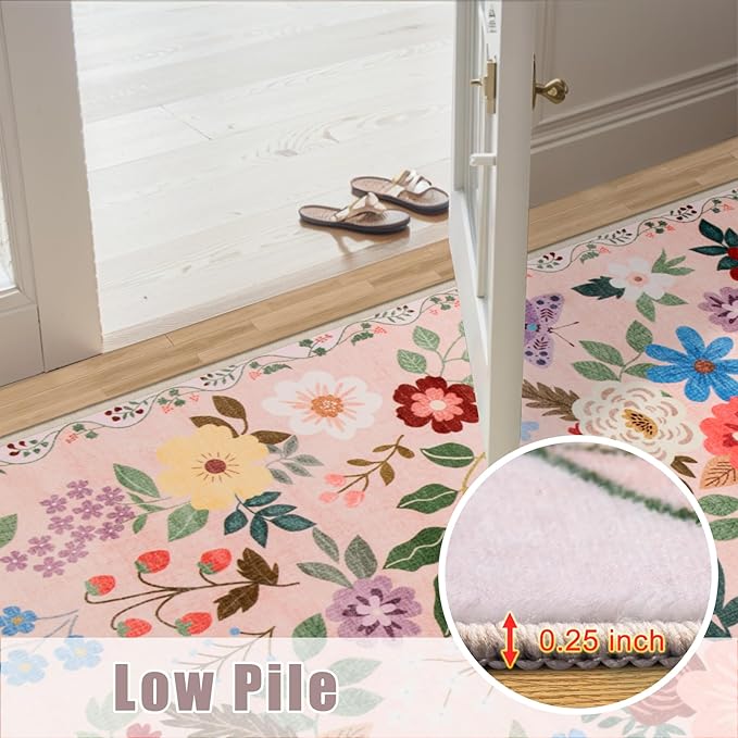 Runner Rug for Entryway: 2x6 Kitchen Rugs Non Slip Washable Ultra-Thin Soft Floral Carpet Indoor Floor Stain Resistant Carpets for Hallway Bedroom Kitchen Laundry Bathroom Dorm Beige