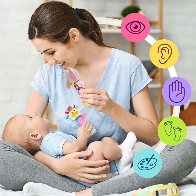 Baby Rattles Toys - Soft Hanging, Handheld & Foot Sock Rattles Set - Plush Stuffed Infant Toys for 0-3, 3-6, 6-12 Months - Newborn Gift