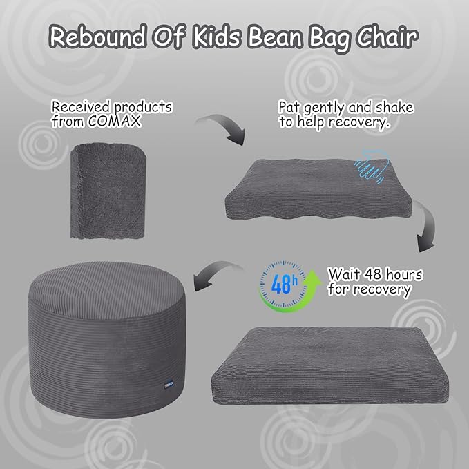 COMAX Kids Bean Bag Chair Turn into Beanbag Bed, Toddler Bean Chair Corduroy for Girl Boy Sleeping, Lazy Children Bean Bags with Filler, Convertible Child Floor Mattress, Charcoal