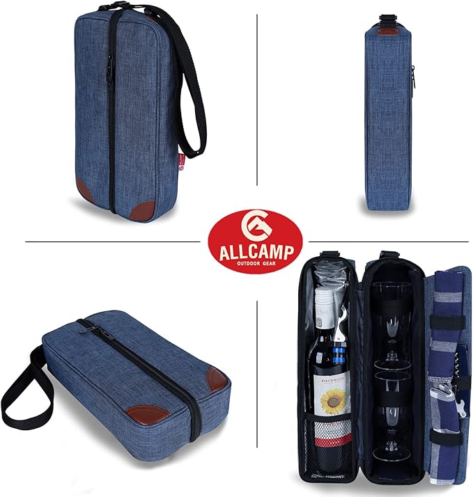 ALLCAMP Wine Bag - Insulated Cooler Bag with Wine Glasses, Bottle Opener & Wine Accessories for Wine Lovers - Portable Wine Gift Bag for Travel, Picnics, and Gift Ideas(Blue)