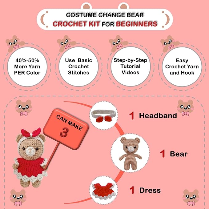 LoopMap Crochet Kit for Beginners - DIY Amigurumi Bear with Removable Dress & Accessories - Step-by-Step Video Tutorials, Extra Yarn, Crochet Tools, Handmade Gift for Kids & Adults (Bear K01, red)