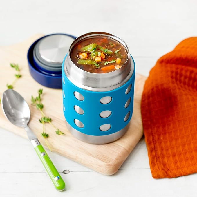 LunchBots Thermal 12 oz Triple Insulated Thermos - Hot 6 Hours or Cold 12 Hours - Leak Proof Thermos Soup Jar - All Stainless Interior - Navy Lid - Aqua Dots