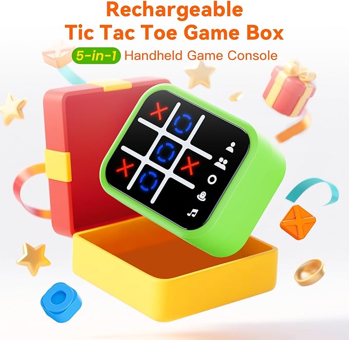 Rechargeable Tic Tac Toe Game Box with 5 Fun Brain Memory Games, Electronic Touchscreen Handheld Game, Portable Digital Puzzle Board Travel Toy, Gifts Choice for Kids and Adults (Green)