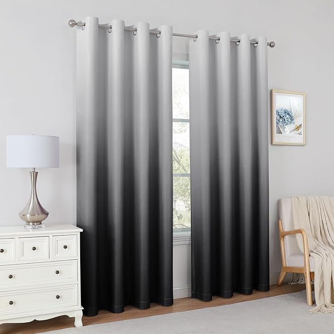 HOMEIDEAS Black Ombre Blackout Curtains 52 X 63 Inch Length Gradient Room Darkening Thermal Insulated Energy Saving Grommet 2 Panels Window Drapes for Living Room, Bedroom