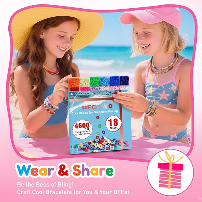 Redtwo 5100 Clay Beads Bracelet Making Kit, Flat Preppy Beads for Friendship Jewelry Making,Polymer Heishi Beads with Charms Gifts for Teen Girls Crafts for Girls Ages 8-12