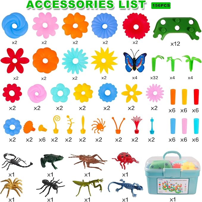 Birthday Toys Gifts for 2 3 4 5 6 Years Old Toddler Girls Boys, 156 PCS Insect Flower Garden Building Educational STEM Learning Pretend Play Gardening Set, Gifts for Preschool Kids Age 2+