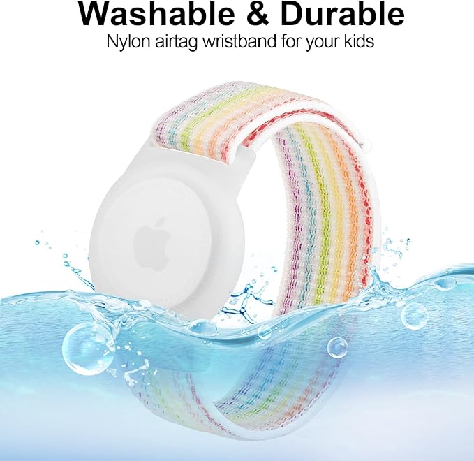 Kids Wristband Protective Case Compatible with Apple AirTag, Adjustable Nylon Bracelet for Air Tag GPS Tracker Holder with Anti Lost Watchband for Toddler Child Kids (Pink+White Rainbow)