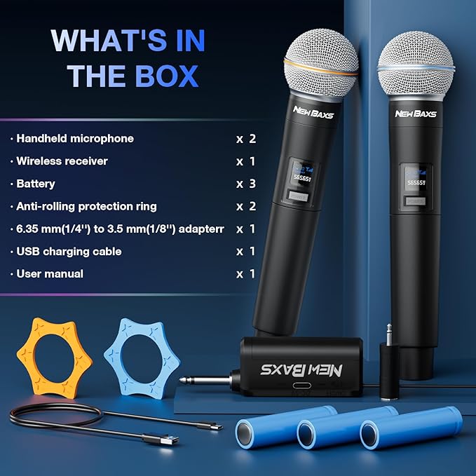 Wireless Microphone, Rechargeable Dual Cordless Handheld Dynamic Wireless Mics,NEWBAXS Karaoke Microphones with 1/4'' Output for Karaoke, Meeting, Singing, Church, Wedding
