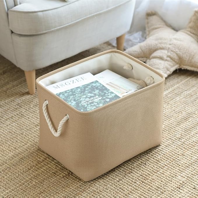 TheWarmHome Organization and Storage Basket for Organizing - 3 Pack 16x12x12 inch Cube Fabric Storage Cubes, Storage Bin for Shelves Gift Closet Organizer Cloth Toy (Beige)