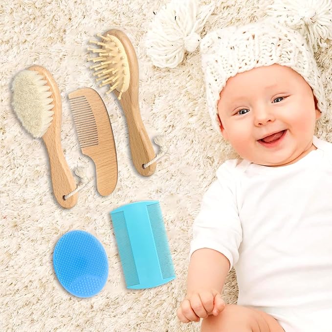 Wooden Natural Goat Bristle Brush and Cradle Cap Comb Set - 5 in 1 Baby Grooming Kit for Newborns, Toddlers, Boys, and Girls (Blue)