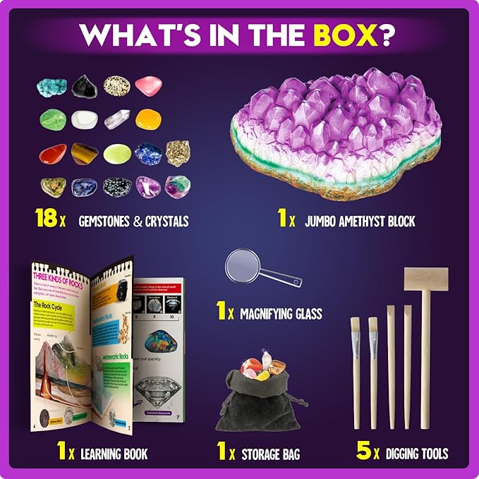XXTOYS Gemstone Dig Kit - Dig Up 18 Real Gemstones and Crystals - Science Kits for Kids, STEM Toys for Age 6-8, Great Educational Geology Gifts for Boys & Girls Ages 5-7