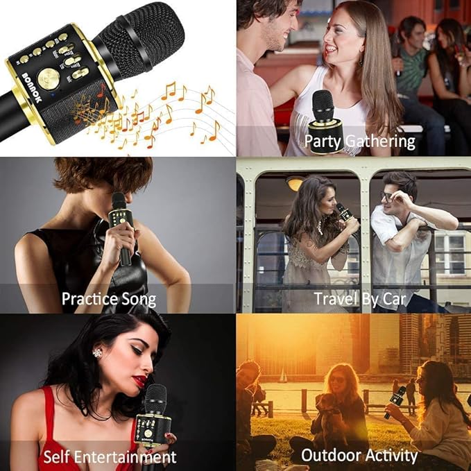 BONAOK Wireless Bluetooth Karaoke Microphone, 3-in-1 Portable Handheld Mic Speaker Machine for All Smartphones, Gifts to Girls Boys Kids Adults All Age Q37(Black Gold)