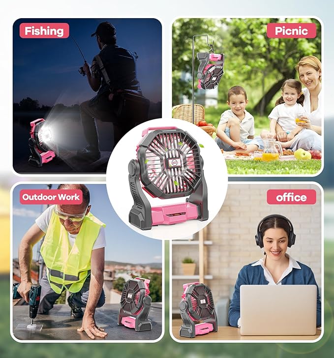 30000mAh Portable Battery Powered Camping Fan - with LED Light, Quiet Battery Operated, Camping Gear for Travel, Tent, Beach, Car or Hurricane Power Outages, Pink