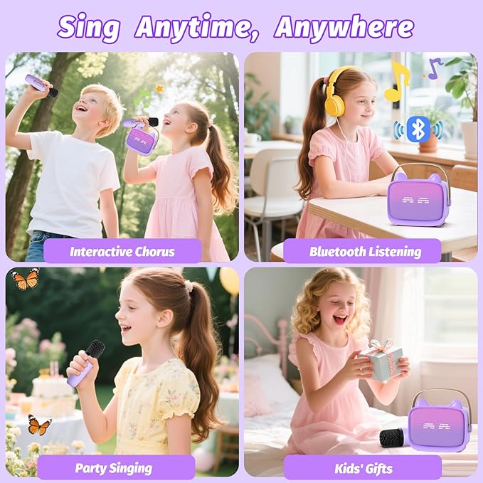 Mini Karaoke Machine Toys Gifts,Kids Portable MP3 Player with 2 Wireless Microphone and LED,Christmas Birthday Gifts for Girls Boys 3 4 5 6 7 8+ Year Old (Purple)