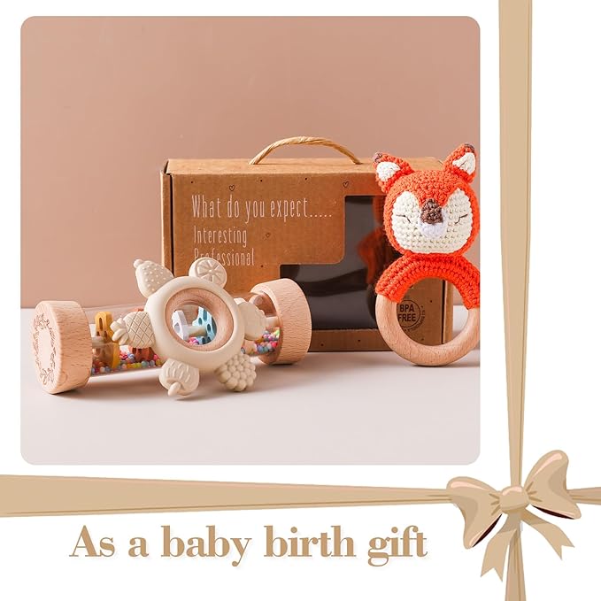 Youuys Wooden Baby Rattle Set (3pcs) - Crochet Rattle Rain Stick Teething Toys, Wooden Montessori Toy for Newborn Infant Baby Rattles Set Toys 3-6 Months (Fox)