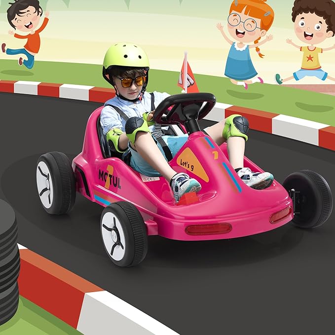 TOBBI 12V Electric Go Kart for Kids Battery Powered Ride on Car Outdoor Race Toy with Remote Control, Safety Belt, Music, LED Lights and Flags for Toddlers 3-8 Years, Pink
