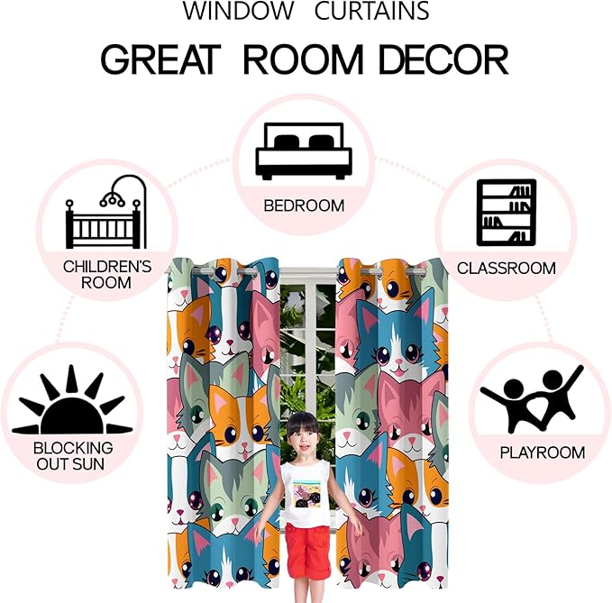 Cat Curtain Panels for Girls - 2Pcs Cat Blackout Curtains for Girls Bedroom, 84W x 84L