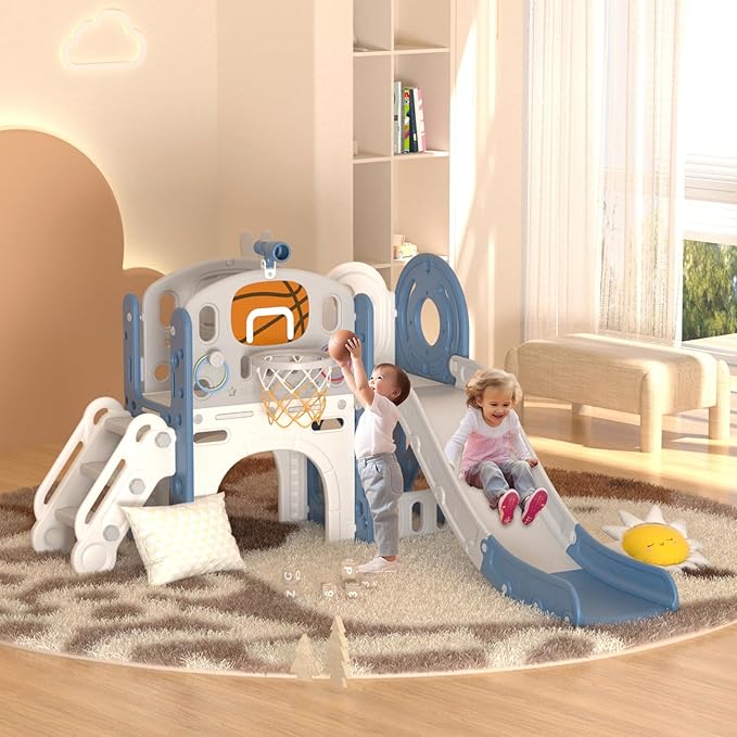 XJD 8 in 1 Toddler Slide Set, Kids Slide for Toddlers Age 1+, Toddler Climber Slide PlaySet with Basketball Hoop and Ball,Outdoor Indoor Playground for Toddlers 1-3 (Blue Gley, 8 in 1)