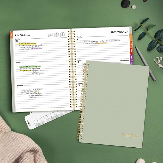 SUNEE Academic Planner 2025-2026 Weekly and Monthly, July 2025-June 2026, 8.5"x11", Tabs, Note Pages, Pockets, Bookmark, Flexible Cover, Spiral Binding, Sage Green