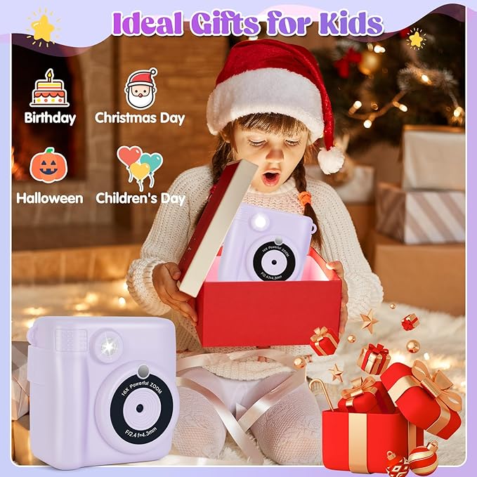 Instant Print Camera for Kids - 2.4 Inch Kids Camera Instant Print with Paper & 32G Card- Digital Children Toys as Christams Birthday Gifts for Girls Boys Age 3-12 - Purple