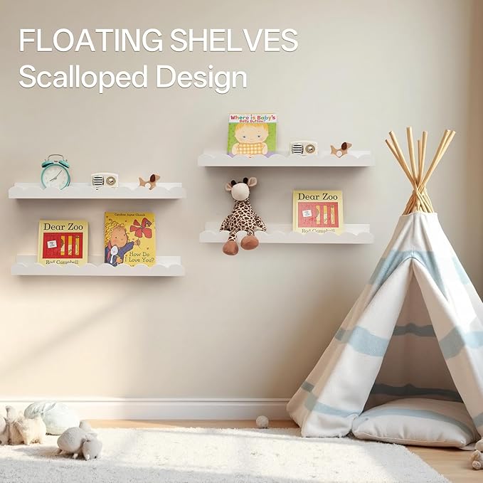 Nursery Book Shelves, Scalloped Floating Shelves Set of 2 Solid Pine Wood Wall Mounted Bookshelf with Wave Lip for Bedroom Kids, Toddler Room, Baby Room White 36inch