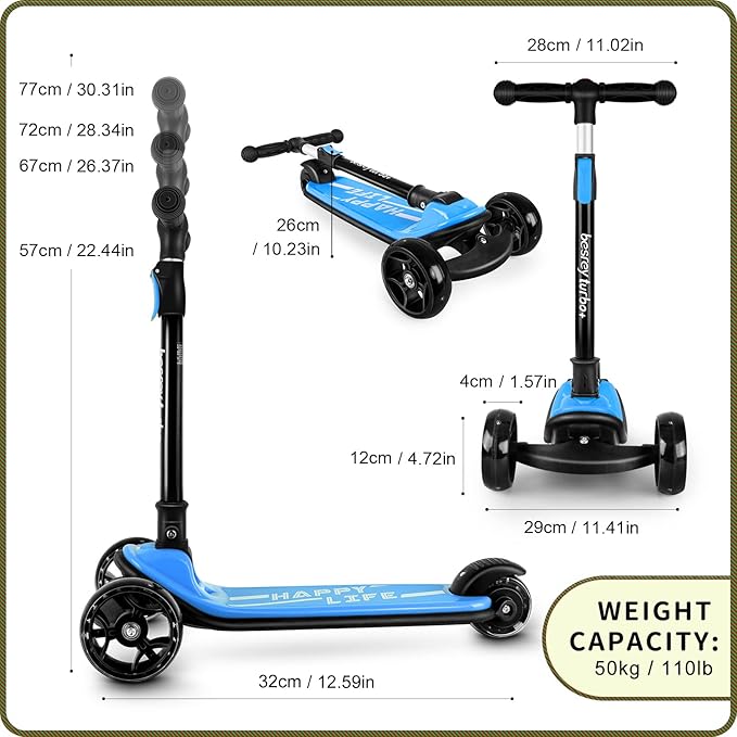 Besrey Kick Scooter for Kids Ages 3-10, 3-Wheel Folding Scooter with Adjustable Height, LED Light Wheels, Extra Wide Deck for Outdoor Activities