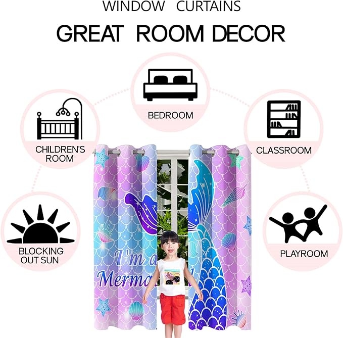 Mermaid Curtains Panels for Girls Room Pink Mermaid Blackout Curtains 63 inch Length for Girls Bedroom Living Nursery Room Grommet Top Thermal Insulated Curtains, 2 Pcs Panels, 82" x 63"