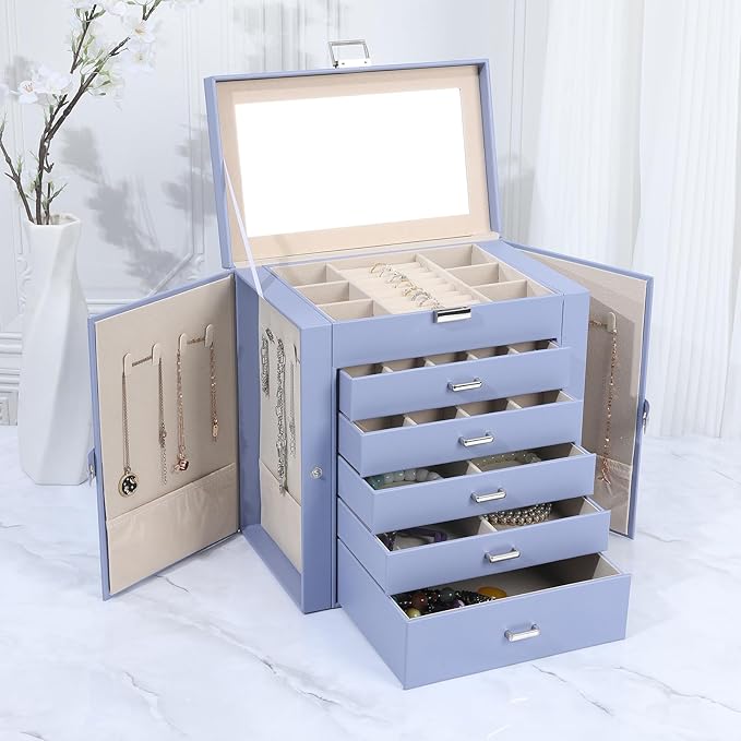 BOOVO Jewelry Box For women, 6 Layer Large Jewelry Organizer With Mirror, Multi-Function Storage Box With Lock, Accessory Holder With 5 Drawers, For Earrings Necklace Ring Bracelet (Purple)