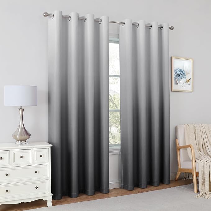HOMEIDEAS Grey Gray Ombre Blackout Curtains 52 X 96 Inch Length Gradient Room Darkening Thermal Insulated Energy Saving Grommet 2 Panels Window Drapes for Living Room, Bedroom