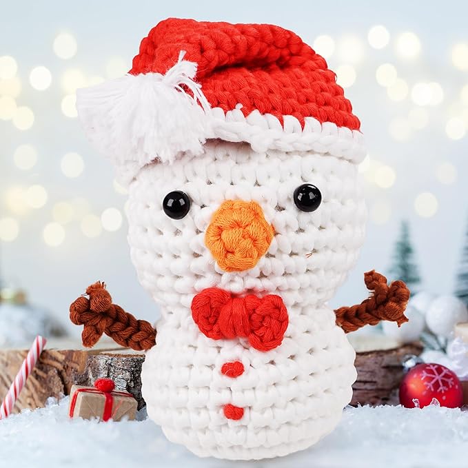 Christmas Snowman Crochet Kit for Beginners, Crochet Starter Kit for Kids Adults, Learn to Crochet w/Step-by-Step Video Tutorials, Pre-Started Yarn, Hook, DIY Amigurumi Craft Gifts for Christmas Décor