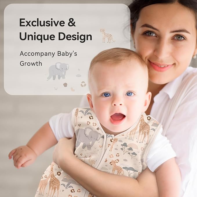 Baby Sleep Sack 0-6 Months 0.5 Tog Wearable Blanket Baby, 3 Pack 100% Cotton Lightweight Sleeping Sack with 2-Way Zipper for Newborn Infant Apricot Gray Green Elephant