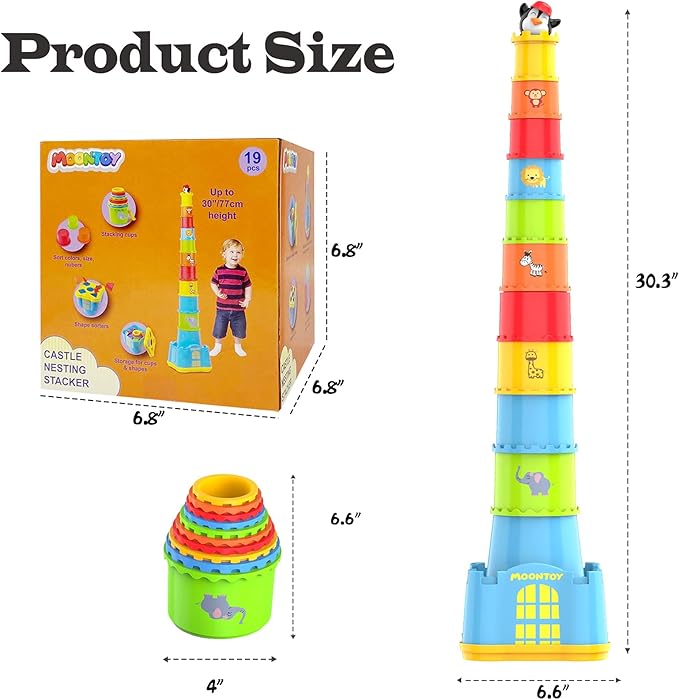 MOONTOY Stacking Cups Baby Toy Set, 19pcs Baby Stacking Toys for Toddlers 1-3, Shape Sorter Stackable Blocks Games Nesting Sorting Toys 6-12 Months 1 Year Old Easter Basket Stuffers Birthday Gift