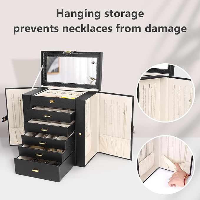 Kendal Extra Large Jewelry Box Jewelry Case PU Leather 6 Tier 5 Drawers Large Storage Capacity with Mirror Jewelry Storage Organizer Great Gift Also Good For Watches LJC-SHD5BK (black)