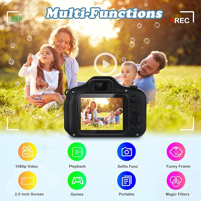 Kids Camera,HD Digital Video Camera,Childrens Toys for 3 4 5 6 7 8 9 Year Old Boys/Girls,Selfie Camera for Kids,Christmas Birthday Gifts with 32GB SD Card (Black)
