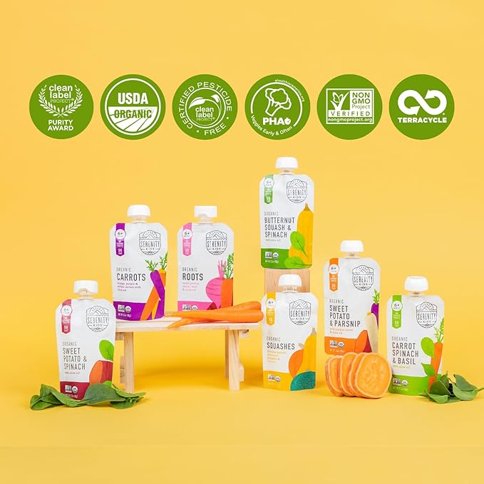 Serenity Kids 6+ Months USDA Organic Veggie Puree Baby Food Pouches | No Sugary Fruits or Added Sugar | Allergen Free | 3.5 Ounce BPA-Free Pouch | Carrot Spinach & Basil | 1 Count