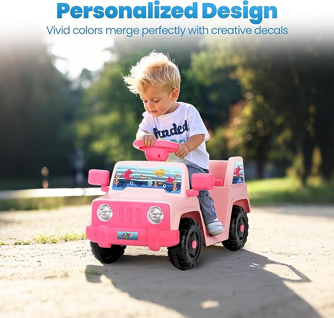 6V Toddler Ride On Car Interactive Electric Car with Horn LED Front Light Rear Storage Ocean Theme Perfect for Boys & Girls 18+ Months Safe Fun and Exciting for Little Explorers(Pink Ocean)