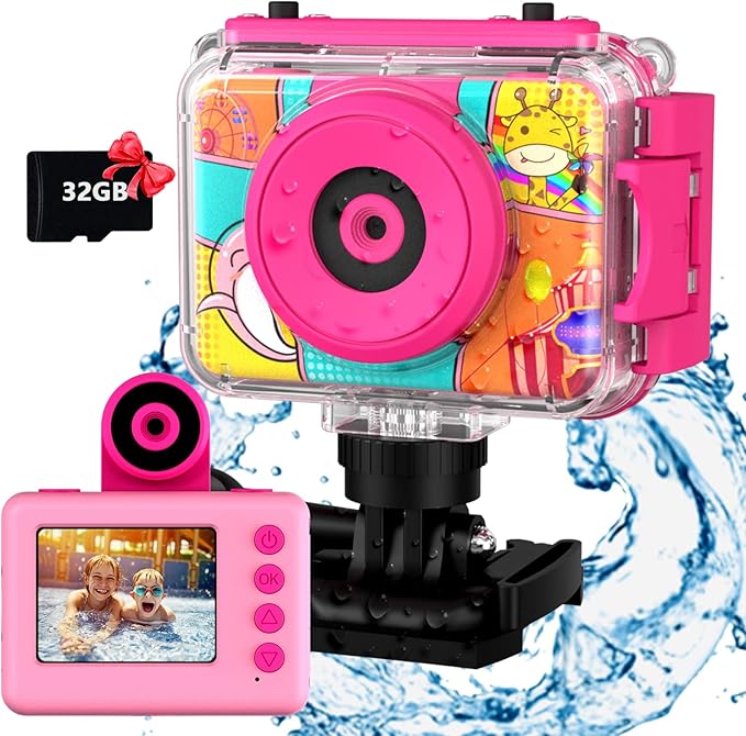 Kids Camera, Waterproof Kids Digital Camera, Children Selfie Camera with 180°Flip Len, 20MP 1080P Sports Action Toy Underwater Camera for Pool Helmet, Birthday Gifts for Boys Girls Age 3-12